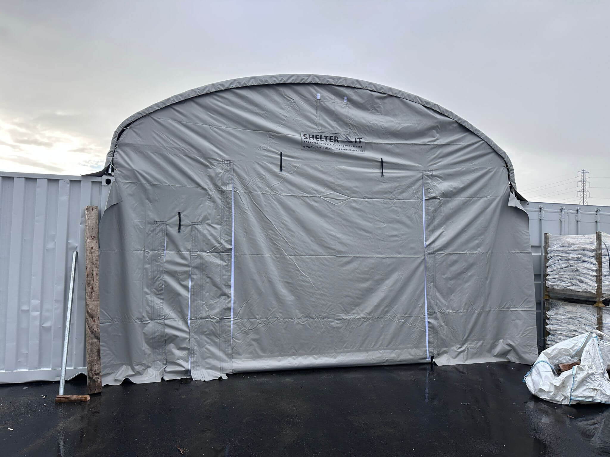 2 x 20ft Shipping Containers and Dome Canopy Shelter over