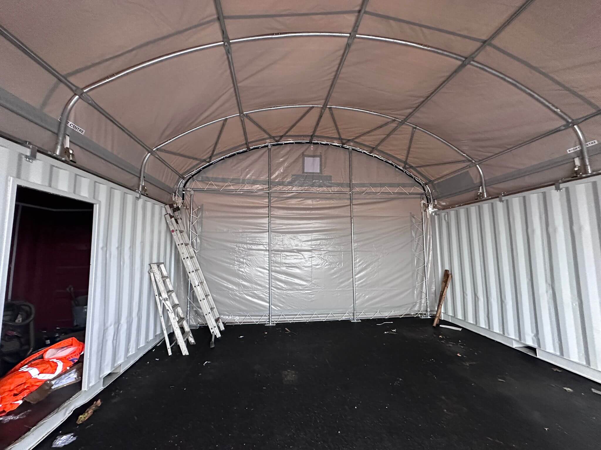 2 x 20ft Shipping Containers and Dome Canopy Shelter over